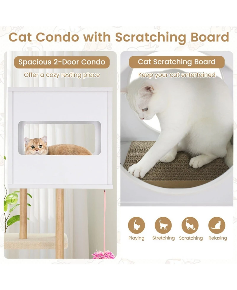 Hongge 40 Inch Wood Cat Tower with 2-Door Condo Corrugated Cardboard Scratchers and Fleece Perches
