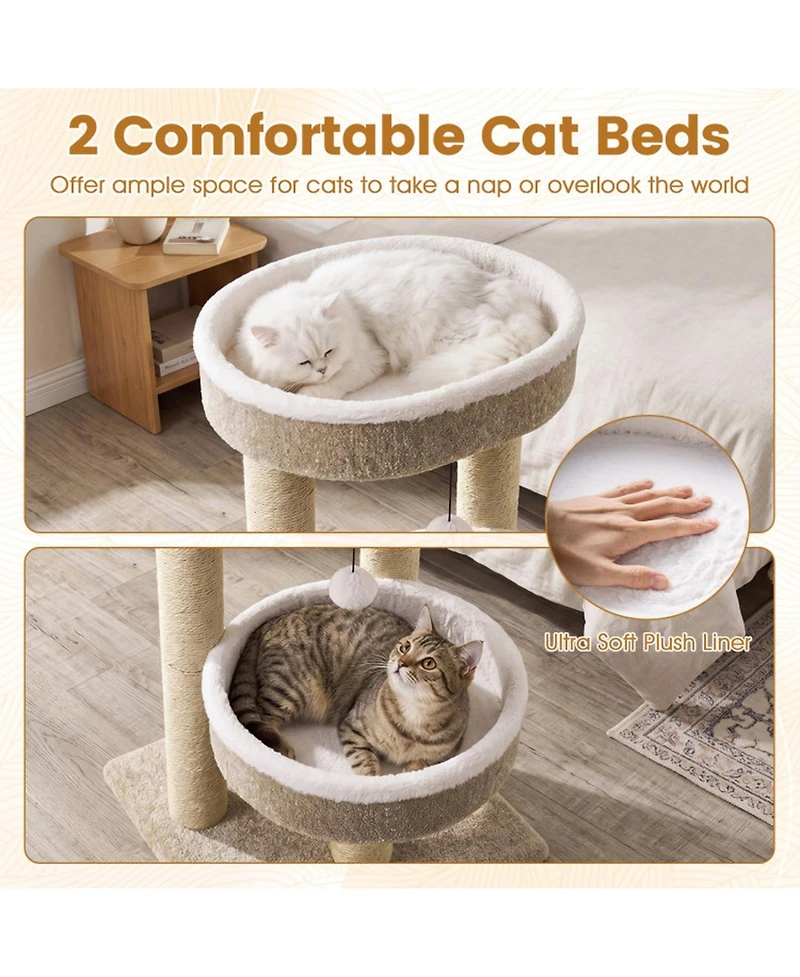 Hongge 24 Inch Cat Tower with 2 Plush Perches Jute Scratching Posts and Dangling Ball