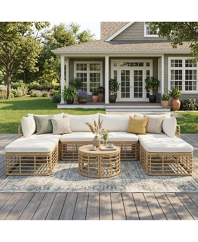 Asagikoiai 7-Piece Pe Rattan Conversation Set, All-Weather Outdoor Modular Sofa Set
