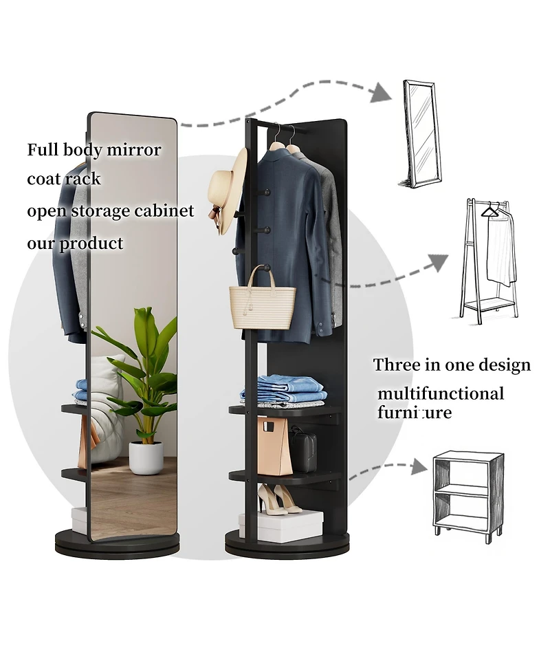 Busdays x Inch 360 Rotating Full-Length Mirror with Hook Storage Rack Coat Rack Solid Wood Floor Mirror for Bedroom Living Room
