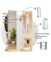 Busdays 66 x 17.8 Inch Natural Wood 360 Rotating Full-Length Mirror with Hook Storage Rack Coat Rack Solid Wood Floor Mirror for Bedroom Living Room