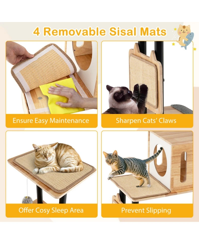 Hongge 56 Inch Modern Cat Tower with Double Condos Sisal Posts and Removable Carpets