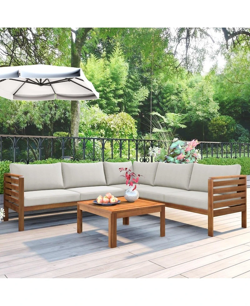 Asagikoiai 6-Piece Wood Outdoor Sectional Sofa Set, L-Shape Patio Conversation Set with Coffee Table
