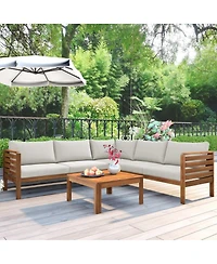 Asagikoiai 6-Piece Wood Outdoor Sectional Sofa Set, L-Shape Patio Conversation Set with Coffee Table
