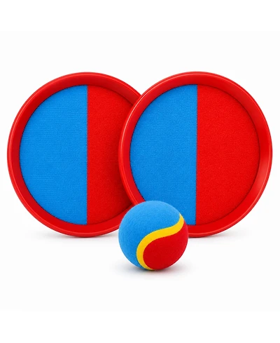 ProMounts Kids Toss and Catch Ball Game Set with 2 Hook-and-Loop Paddles and Soft Ball | Outdoor Beach, Backyard and Park Toy | Ages 3+ | Blue/Red