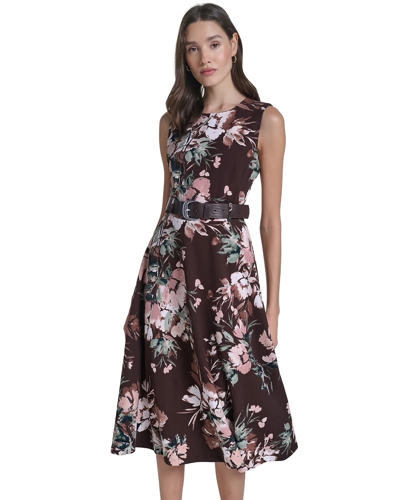 Calvin Klein Women's Printed Crew Neck Self-Belt Midi Dress