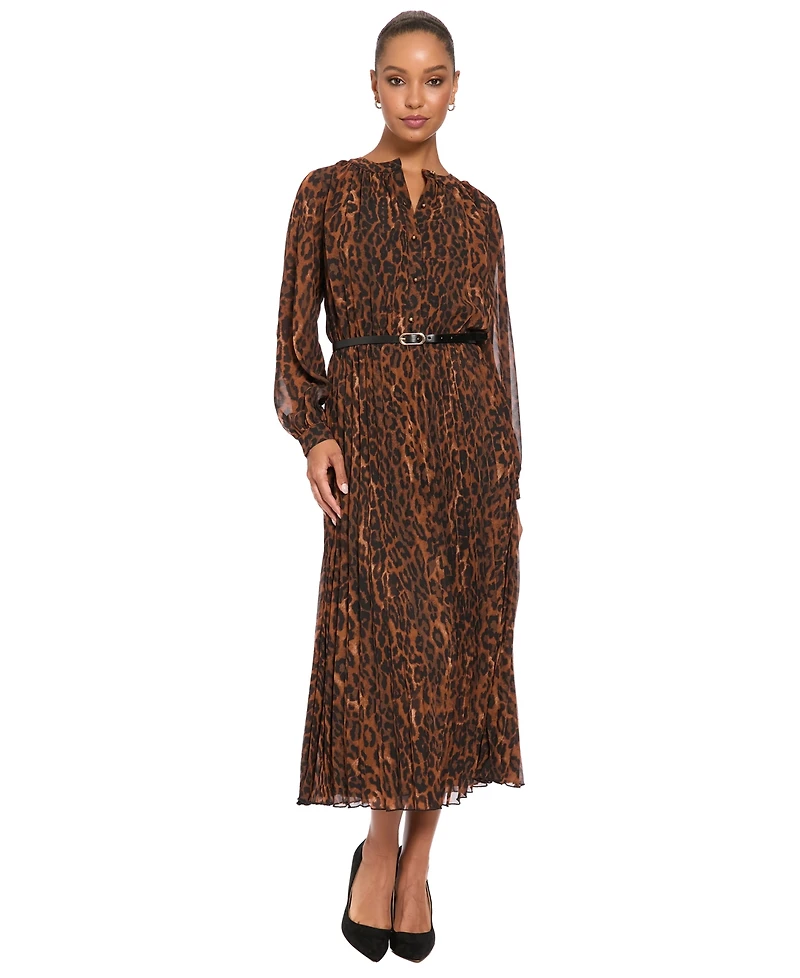 London Times Petite Belted Pleated Skirt Chi Leopard-Print Long-Sleeve Dress