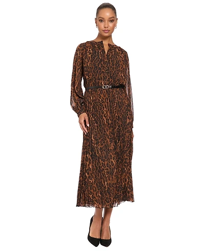 London Times Petite Belted Pleated Skirt Chi Leopard-Print Long-Sleeve Dress