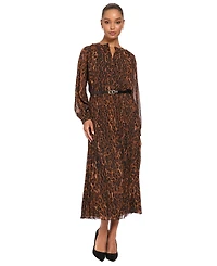 London Times Petite Belted Pleated Skirt Chi Leopard-Print Long-Sleeve Dress