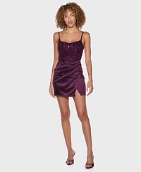 B Darlin Juniors' Scoop-Neck Satin-Knit Corset Bodice Dress