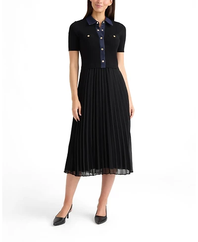 Ellen Tracy Women's Short Sleeve Twofer Dress with Pleated Skirt