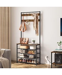 Slickblue Entryway Hall Tree with Coat Rack, Shoe Storage Bench And Multi Hook Organizer