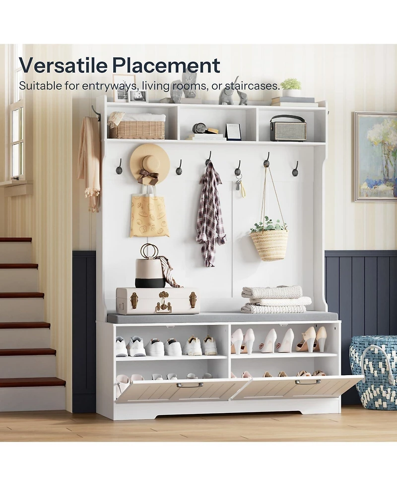Slickblue Entryway Hall Tree with Shoe Cabinet, Coat Rack And Storage Bench for Hallway and Foyer