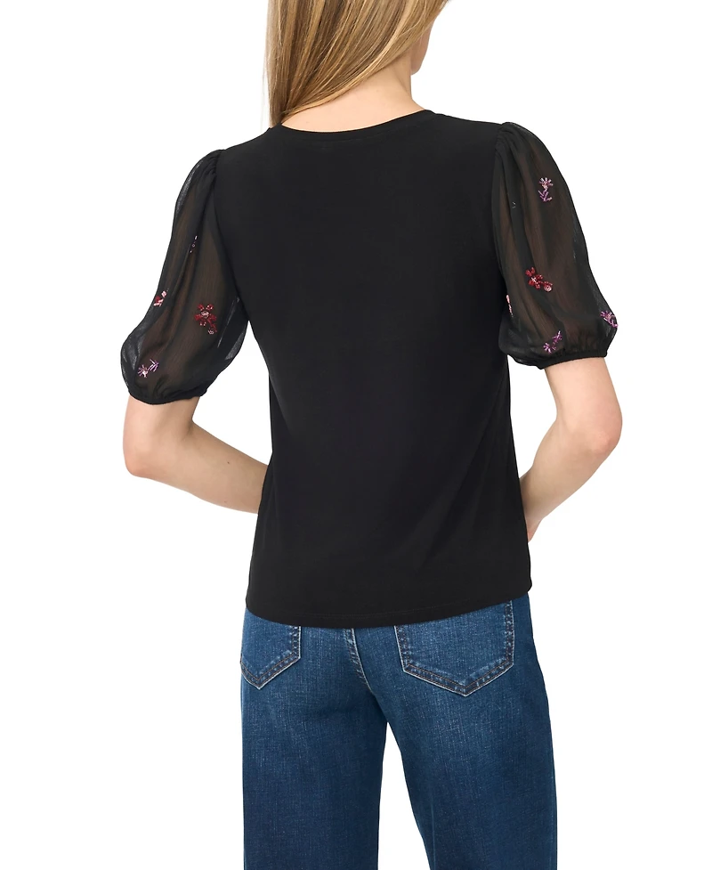 CeCe Women's Beaded Sleeve Mixed Media Crewneck Short-Sleeve Top