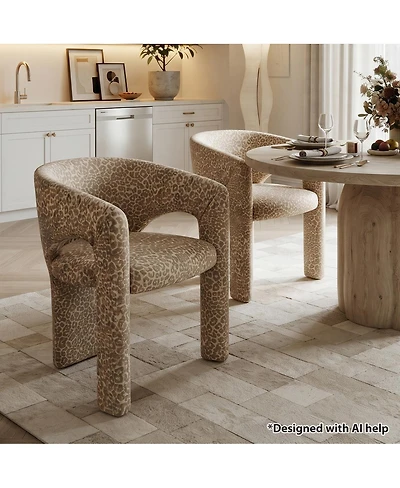 Maison Boucle Leopard Print Upholstered Dining Arm Chair Set of 2, Fabric, Curved Back, Padded Seat, Open Back Accent Seating