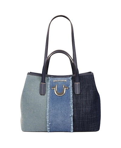 True Religion Frayed Denim Horseshoe Tote with Removable Wristlet