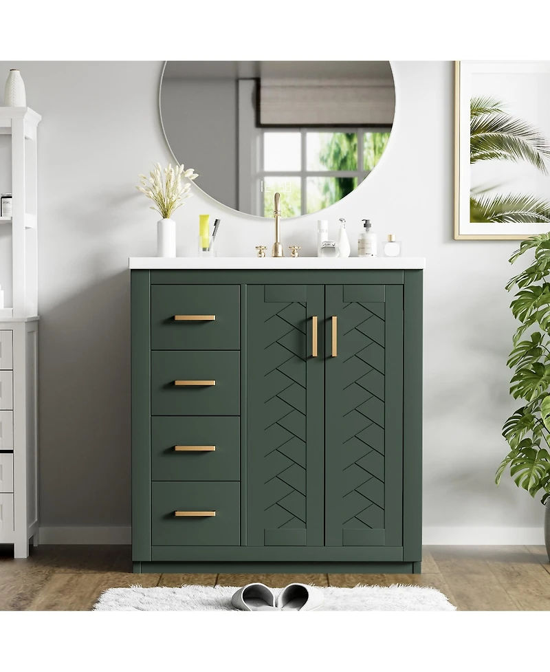 Busdays Bathroom Vanity with Ceramic Sink Combo Solid Wood Frame Freestanding Storage Cabinet with 3 Drawers and Soft Closing Doors
