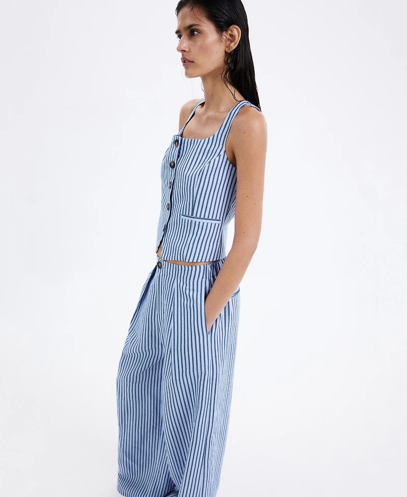 Mango Women's Striped Flowy Wide-Leg Pleated Pants