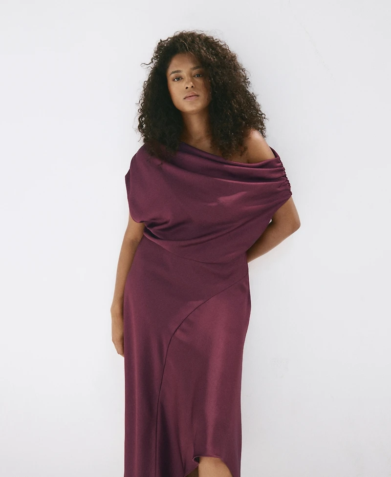 Mango Women's Asymmetrical Ruched Off-the-Shoulder Dress