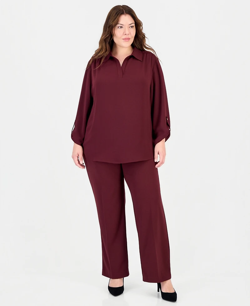 Anne Klein Essentials Plus Size Long-Sleeve Button-Down Roll-Tab Blouse