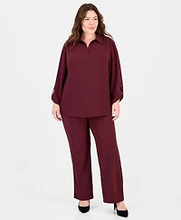 Anne Klein Essentials Plus Size Long-Sleeve Button-Down Roll-Tab Blouse