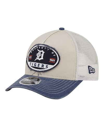New Era Men's Light Beige/Navy Detroit Tigers Frayed M-Crown A-Frame 9FORTY Trucker Adjustable Hat