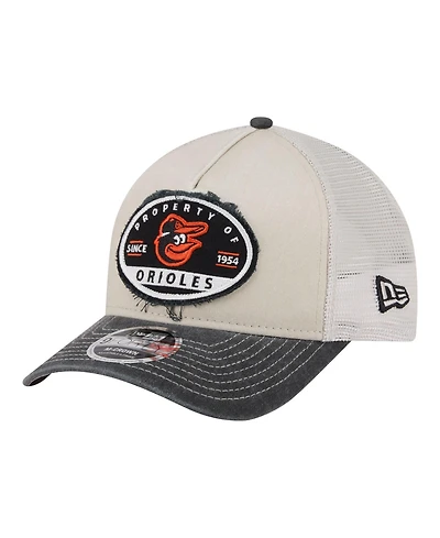 New Era Men's Light Beige/Black Baltimore Orioles Frayed M-Crown A-Frame 9FORTY Trucker Adjustable Hat