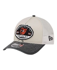 New Era Men's Light Beige/Black Baltimore Orioles Frayed M-Crown A-Frame 9FORTY Trucker Adjustable Hat