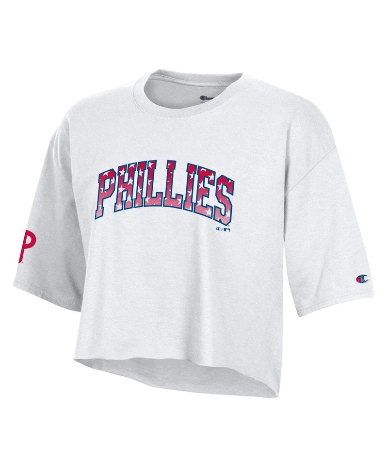 Champion Women's White Philadelphia Phillies Boyfriend Cropped Americana T-Shirt