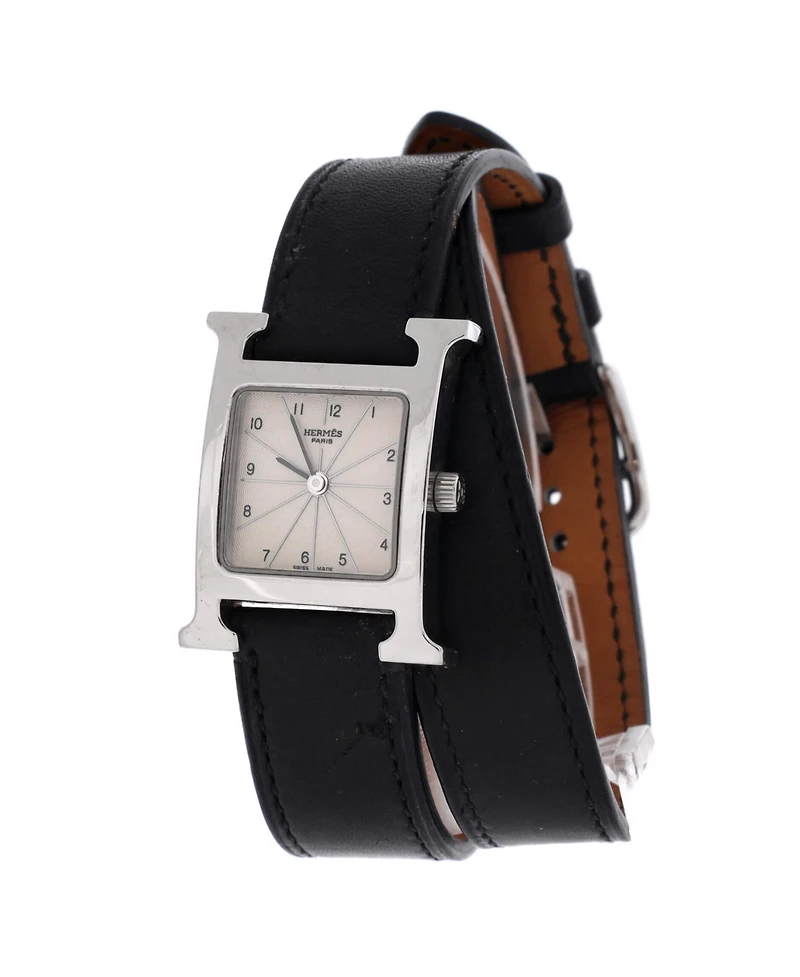 Pre-Owned Hermes Heure H Double Tour Quartz Watch in Stainless Steel and Leather 21mm