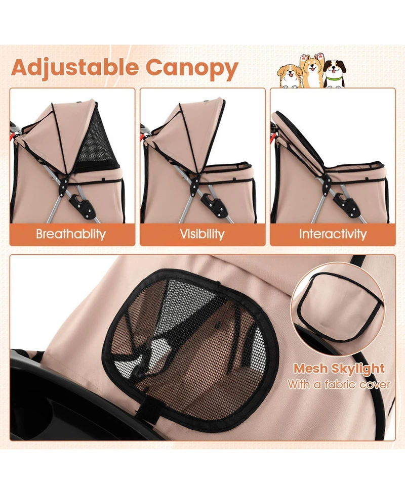 Hongge 4-Wheel Foldable Pet Stroller with Adjustable Canopy Storage Basket and Cup Holders
