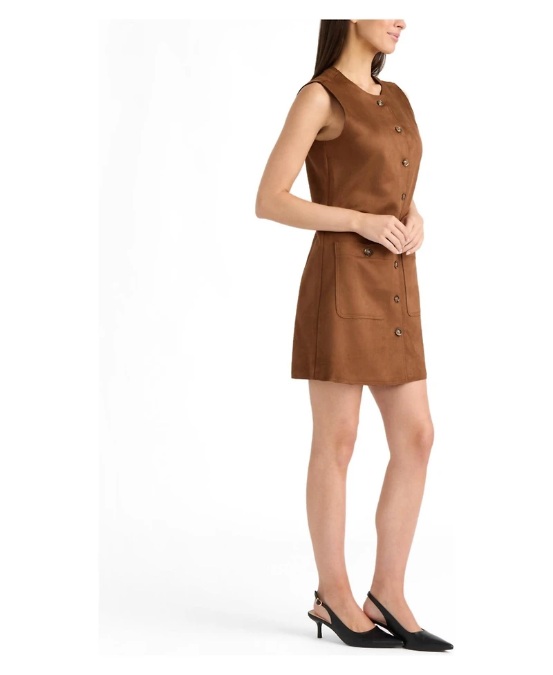 Ellen Tracy Women's Button-Front Sleeveless Mini Faux-Suede Dress