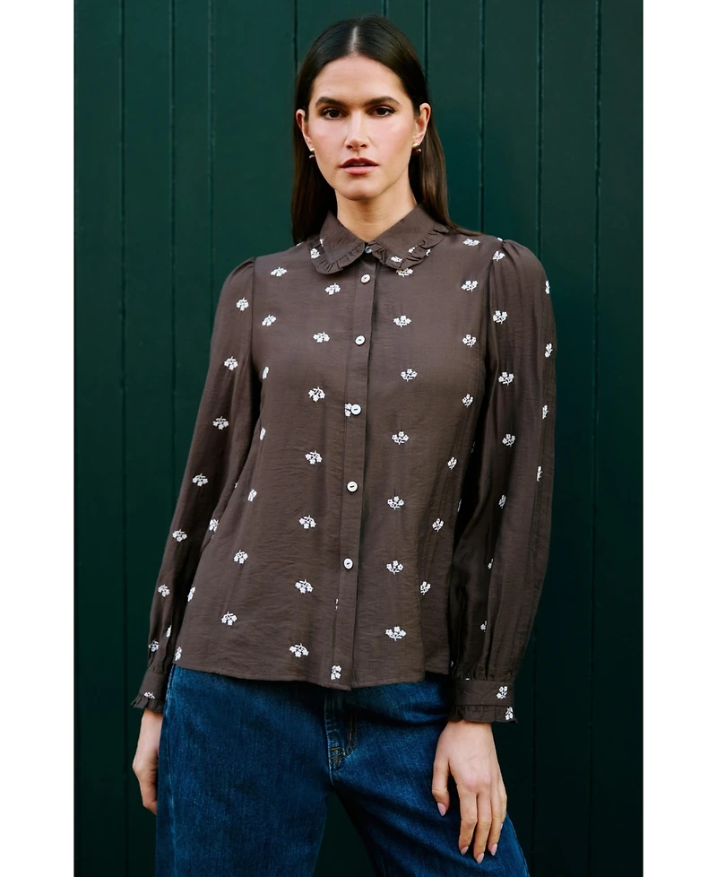 Yumi Women's Viscose Daisy Embroidered Shirt