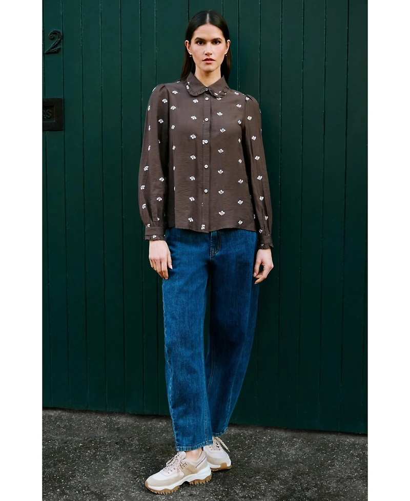 Yumi Women's Viscose Daisy Embroidered Shirt