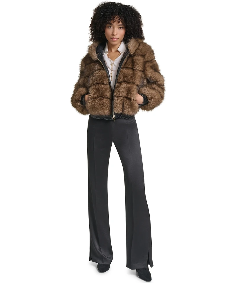 Karl Lagerfeld Paris Women's Hooded Faux Fur Bomber Jacket
