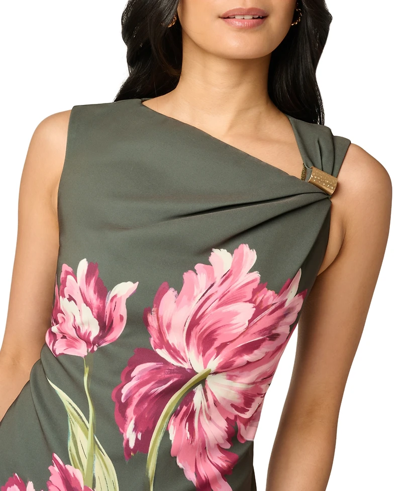 Adrianna Papell Women's Asymmetrical Floral Printed Stretch Crepe Midi Dress