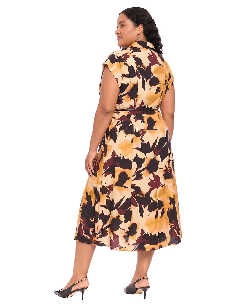 London Times Plus Belted Collared Midi Floral Shirt Dress