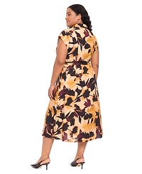 London Times Plus Belted Collared Midi Floral Shirt Dress