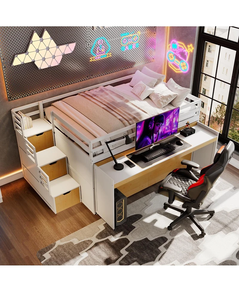 Streamdale Furniture Full Xl Loft Bed with Desk, Trundle, Storage Drawers, and Steps