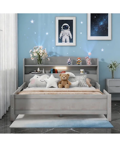 Sailvan Wood Platform Bed Frame with Led Light Storage Headboard Antique