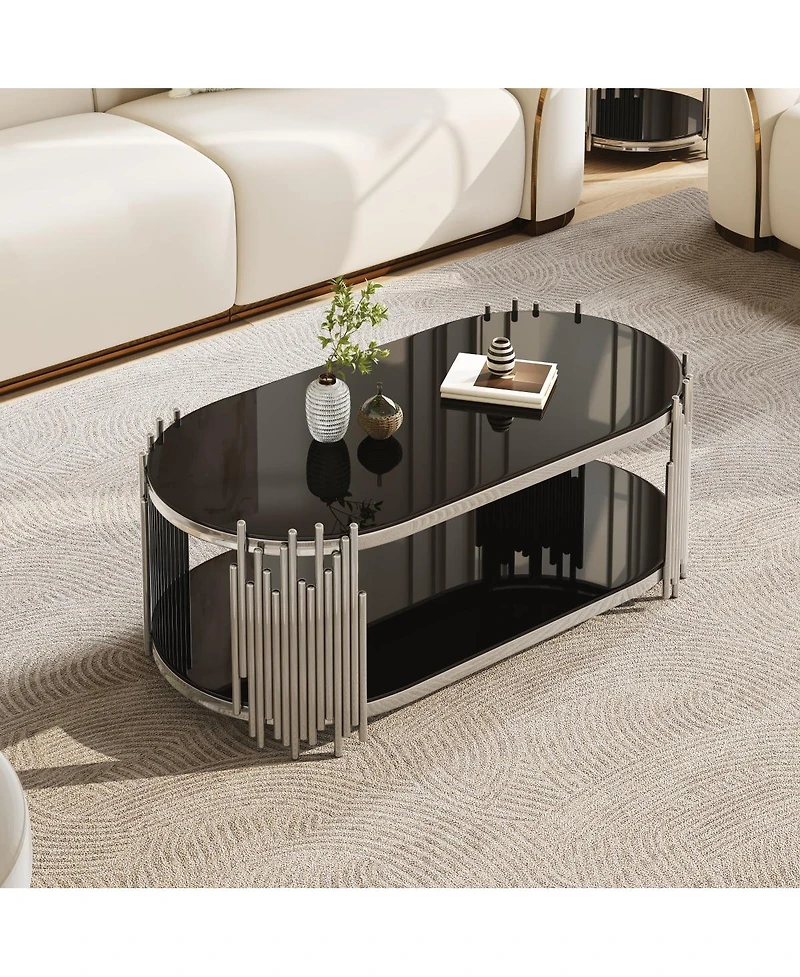 Streamdale Furniture Luxury Glass Oval Coffee Table with Organ Pipe Design