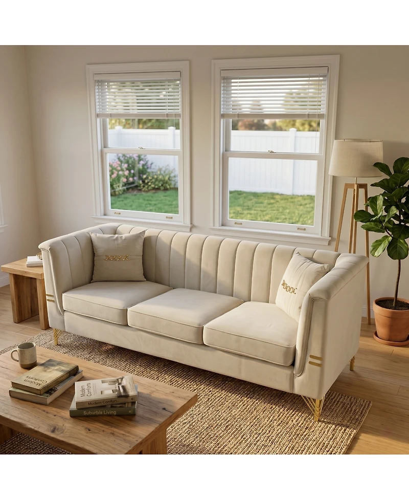 Streamdale Furniture Modern 82.67" Vertical Channel Tufted Velvet 3-Seater Sofa with 2 Pillows