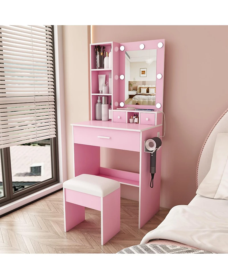 Streamdale Furniture Vanity Table with Led Mirror, Power Outlet, Hairdryer Holder and Stool