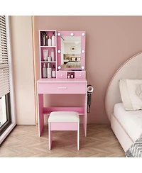 Streamdale Furniture Vanity Table with Led Mirror, Power Outlet, Hairdryer Holder and Stool
