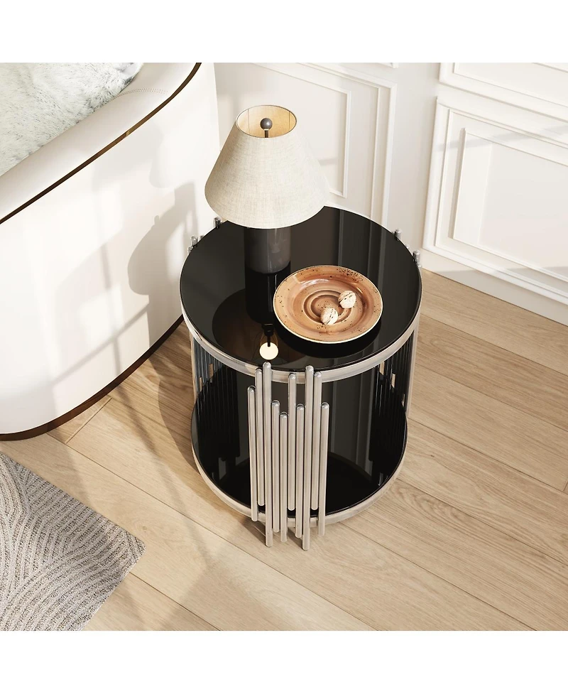 Streamdale Furniture 19.7" 2-Tier Round Glass End Table with Stainless Steel Legs