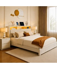 Streamdale Furniture Upholstered Storage Bed with Led, Usb, and Drawers