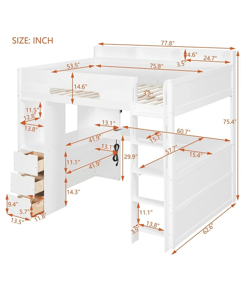 Streamdale Furniture Full Size Wooden Gaming Loft Bed with Desk, Rgb Lights and Storage