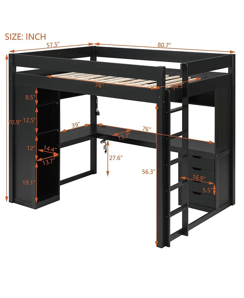 Streamdale Furniture Solid Wood Loft Bed with L-Shaped Desk, Drawers, and Led Lights
