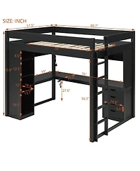 Streamdale Furniture Solid Wood Loft Bed with L-Shaped Desk, Drawers, and Led Lights