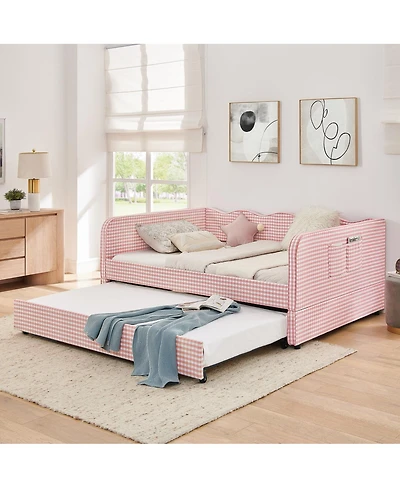Streamdale Furniture Gingham Upholstered 3-in-1 Convertible Daybed with Trundle and Storage